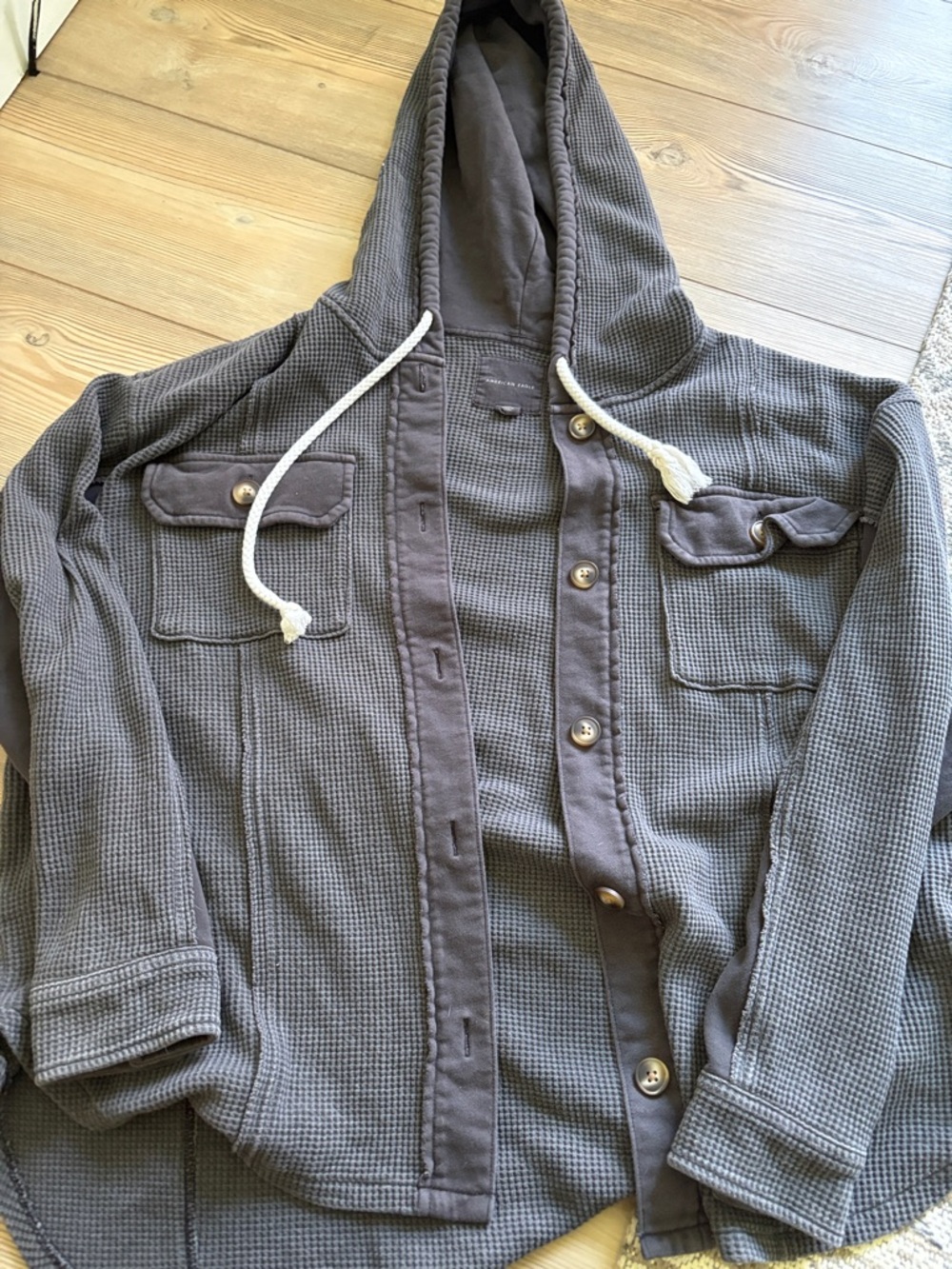 American Eagle Outfitters Waffle Knit Hooded Button-Up Jacket in Charcoal Gray
